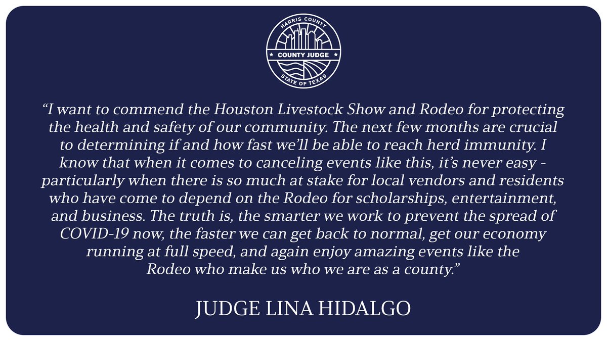 HarrisCoJudge's tweet image. Judge Hidalgo's statement on @RODEOHOUSTON decision to cancel the 2021 Rodeo.