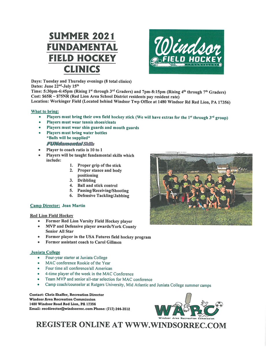 Windsor Area Recreation Commission: Summer 2021 FUNdamental Field Hockey Clinics redlionpa.myrec.com/info/activitie…