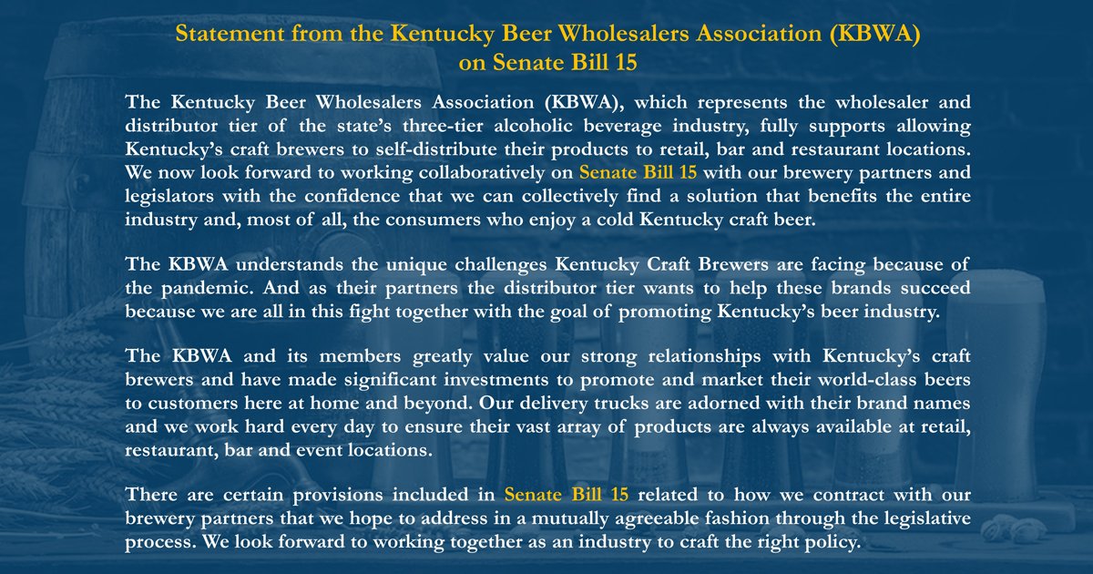 KBWAbeer's tweet photo. Senate Bill 15 — which would allow for Kentucky's craft brewers to distribute their products directly to bars, restaurants and retailers — was filed today in the General Assembly.

See the KBWA's full statement on #KYGA21 SB 15... https://t.co/LoFAE8ZfZW