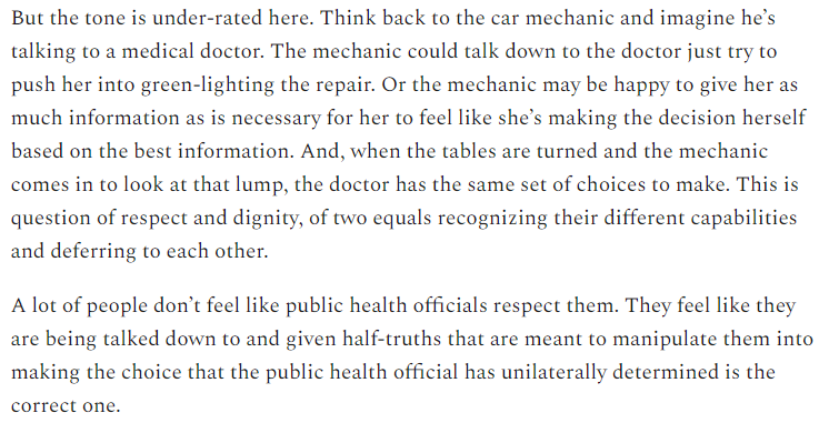 Finally, people do not feel respected by their public health organizations and certainly not by their politiciansThe examples are too numerous to mention, but most of them treat their audience like a bunch of kids who can't understand complexity rather than equals