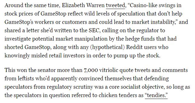 I didn't say anything at the time because I didn't fancy getting harangued for my trouble, but this bit about Elizabeth Warren--portrayed as some kind of traitor because she did her job and correctly assessed the situation--is spot on.