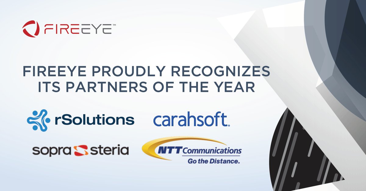 FireEyePartners's tweet photo. Today we announced our 2020 partners of the year. 

Congrats to @Carahsoft, @nttcoms, NTT Australia, @rSolutions, and @SopraSteria!

Learn more about their contributions in helping protect customers around the world: https://t.co/j3GP3Qk5SL https://t.co/UbvyOc5bOK