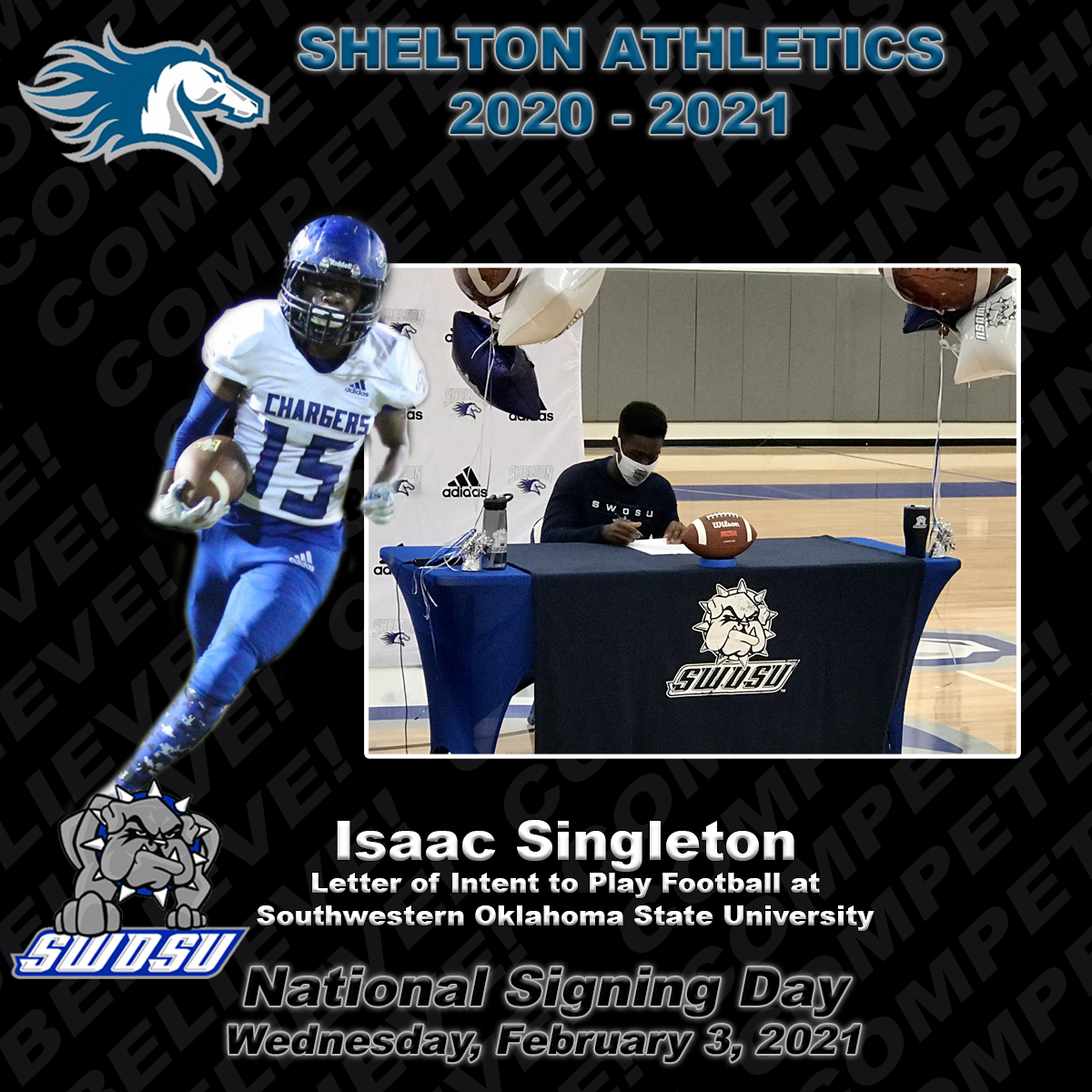 SheltonSchool's tweet photo. National Signing Day! Congrats to Isaac Singleton on signing Letter of Intent to play football at Southwestern Oklahoma State University! We are so proud of you! @SWOSUAthletics @SWOSUFootball 🖊🏈 #sheltondallas #sheltonpride #sheltonseniors #nationalsigningday #SWOSUFootball https://t.co/XrtZn9xdv0