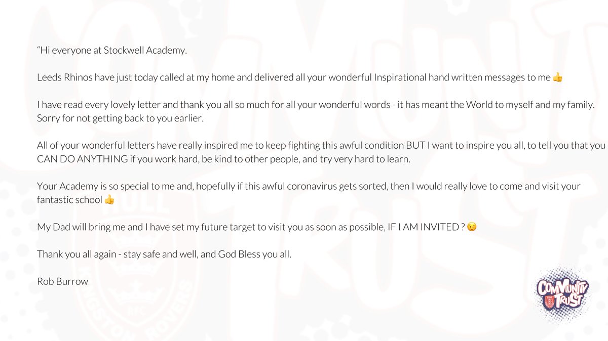 hullkrofficial's tweet photo. 📝 // A Reply From Rob Burrow

The Hull KR Community Trust partnership school Stockwell Academy sent some inspirational letters to Rob Burrow after watching the documentary that aired on the BBC just before Christmas 2020.

Here is Rob’s response…

@stockwellhull @Rob7Burrow https://t.co/IZuWlCVOSn