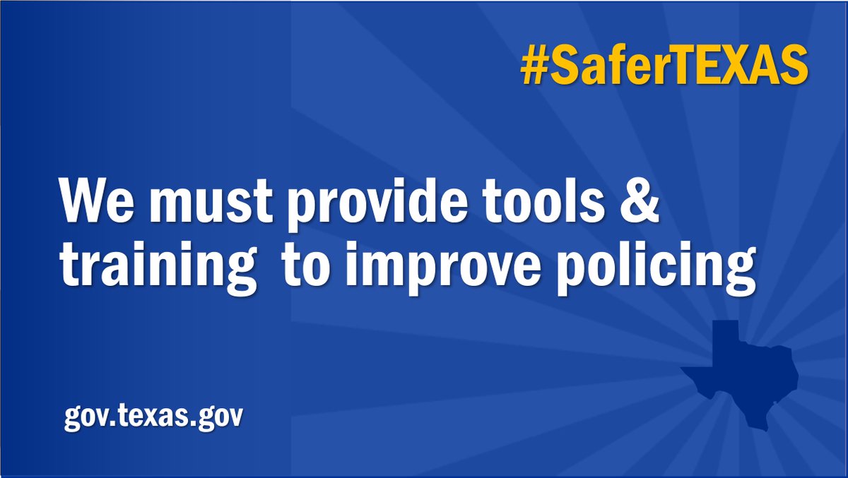 GovAbbottPress's tweet photo. We also cannot ignore the need to improve policing.
It helps our law enforcement officers do a better job & makes our communities safer.
This session, we must provide law enforcement with the tools & training they need to ensure the safety their communities deserve. #SaferTEXAS https://t.co/FHuSX8G58x