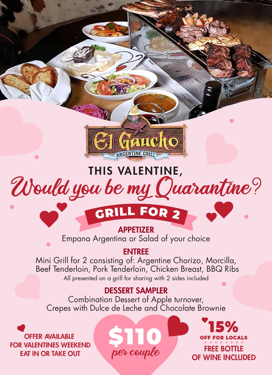 Valentine week end❤❤Feb; 12-13-14
Eat in or Take out❤
❤☎️582-3677
For Reservations❤
❤Or to Order to take out.