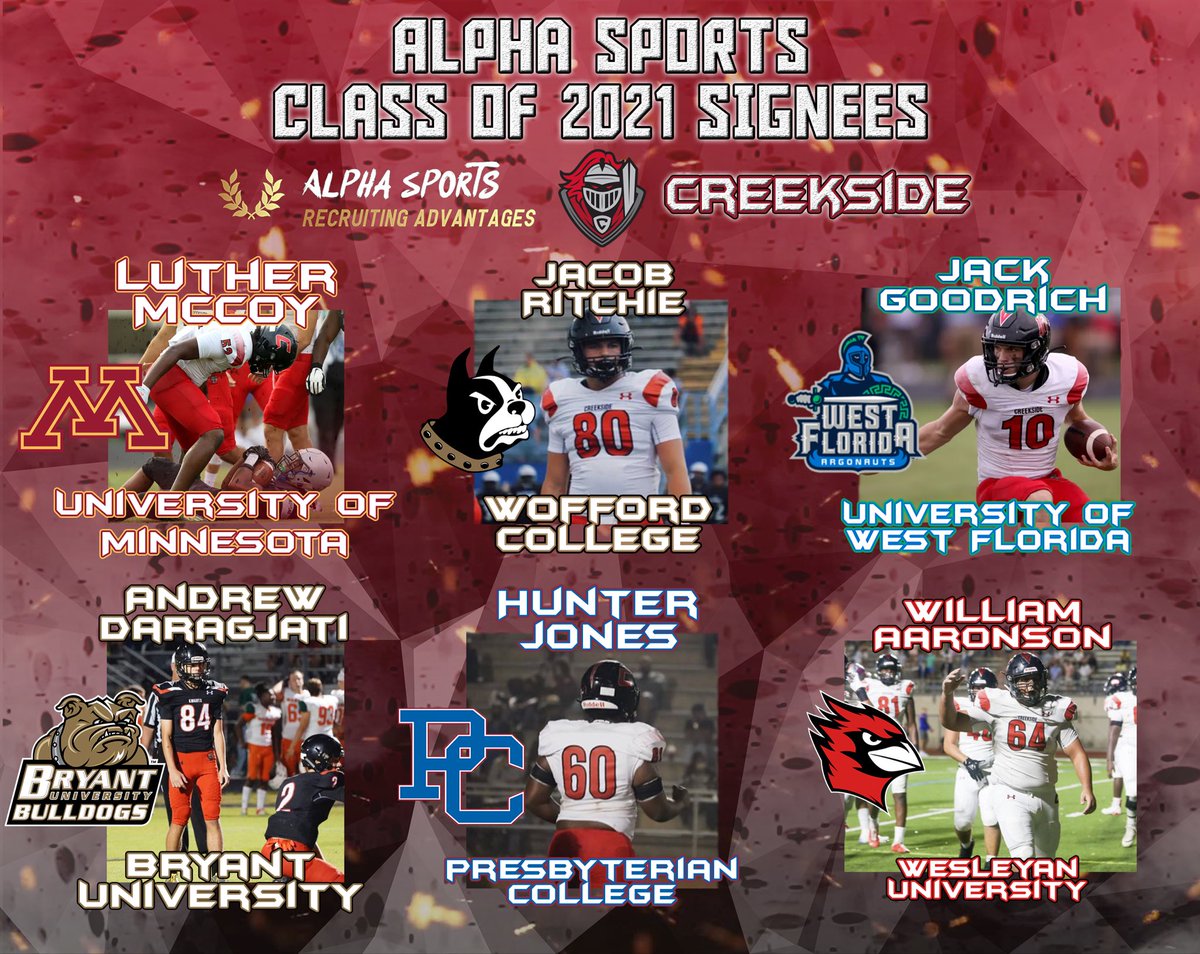 AlphaSportzG's tweet image. Congratulations to Alpha Sports Partner @Creekside_fb and their Class of 2021 Signees:
@LutherMcCoy5 - Minnesota  
@jacobritchie111 - Wofford 
@Goodrich10Jack - West Florida  
@daragjati - Bryant 
@hunter_hulk2 - Presbyterian  
@Aaronson64- Wesleyan 
GO KNIGHTS⚫️🔴 
#BeAnAlpha