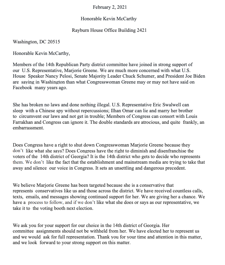 SecretsBedard's tweet photo. Why doesn't @mtgreenee care about the incoming flak from DC?

She raised over $300,000 -- $150,000 just yesterday -- from over 10,000 donors in her fight against Washington in the past week and support from key GOP leaders back home in this letter👇
https://t.co/uRsWev8m4l https://t.co/pJ1O5aa0R1