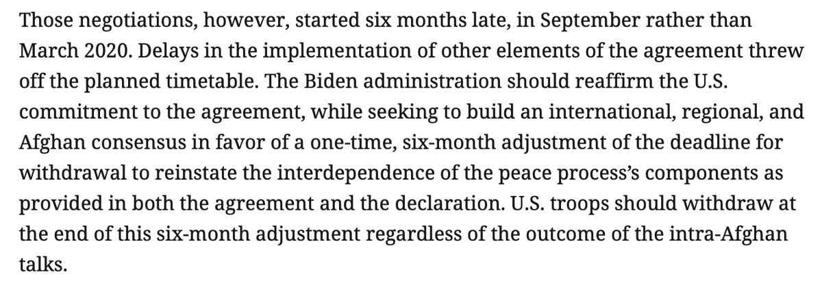 5.  @BRRubin's proposal suggests a one-time regionally negotiated 6 month extension to make up for lost time but accepts that if progress cannot be made in that window, then the US should cut its losses rather than fall back into a counterinsurgency.  https://responsiblestatecraft.org/2021/01/11/biden-can-bring-troops-home-from-afghanistan-the-right-way/