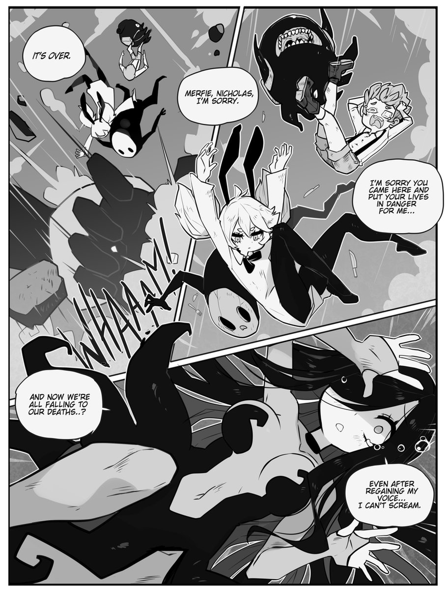 Amissio Chapter 5, part 14 out of 15 !
https://t.co/V8RHHQItxH
Aria and her friends get caught in a final mess thanks to Girighet's tantrum and now they're about to fall to their doom~ ♪
See the tapas link for the rest of the pages! 