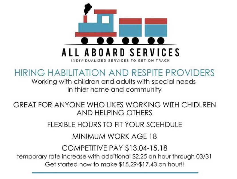 WFHSCareerC's tweet photo. All Aboard Services provides care for children &amp; adults with special needs! They are hiring employees 18+! https://t.co/mJRO796zIS