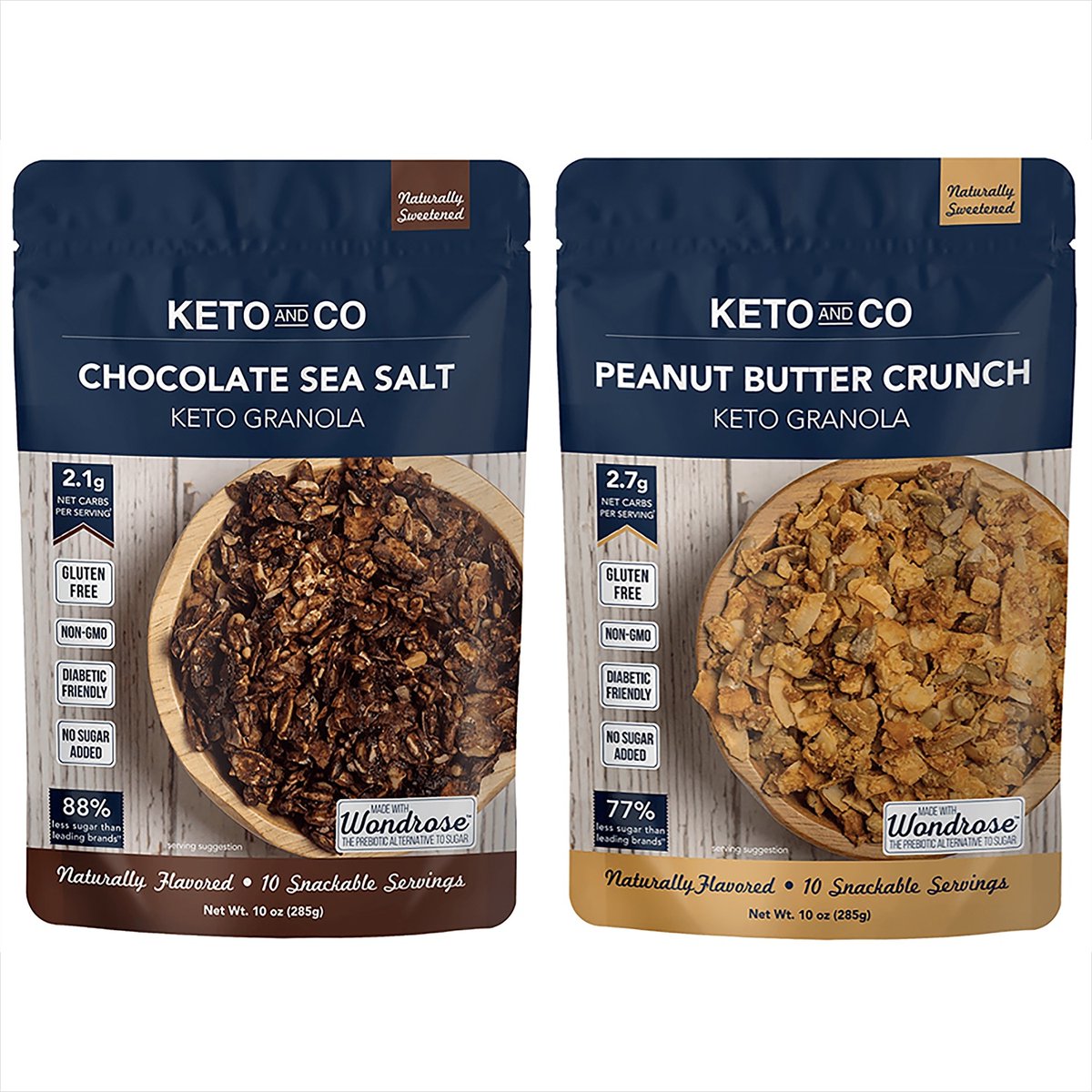 Keto Granola is Here! Shop Now and Save at bit.ly/3cEC6Hu
Keto Chocolate Sea Salt Granola or Keto Peanut Butter Crunch Granola by Keto and Co. Just 2.1g Net Carbs Per Serving #keto #lowcarb #paleo #sugarfree #diabetecfriendly #diabetes #breakfast #snacks