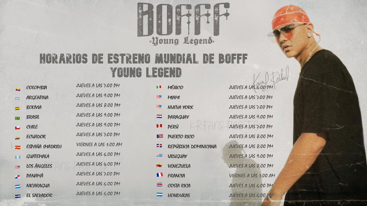 krfanspasto's tweet photo. Este jueves 4 de febrero Lanzamiento mundial de su nuevo álbum #BOFFF 
@KEVINROLDAN 
(dale zoom para mirar mejor los horarios) https://t.co/TO6Jy573Il