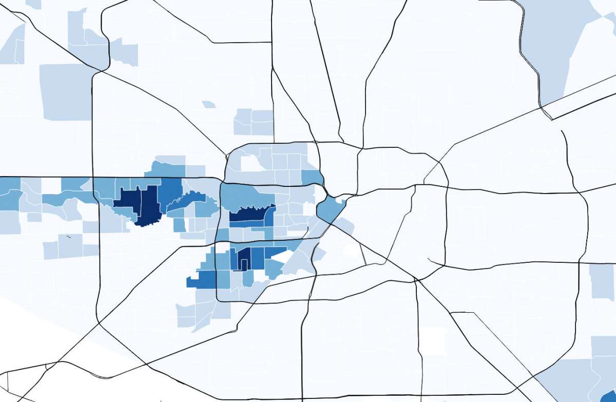 Here’s the map Harden shared with average earnings by census tract. The darker the blue the richer the residents.