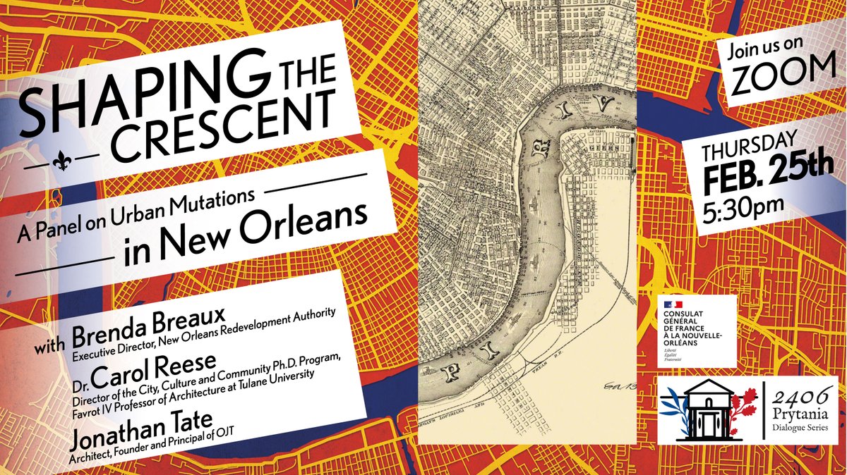 FranceLouisiana's tweet photo. 🟢THEY'RE BACK!🙌
The #2406PrytaniaDialogues are going virtual for their 6⃣th episode! 💻
Join Brenda Breaux @NORArevitalizes, Dr. Carol Reese @Tulane, and @OfficeJT_ for our panel on urban mutations in #NewOrleans! 
Register here👉https://t.co/hJprcI96Df https://t.co/Pp2q5NpIXL