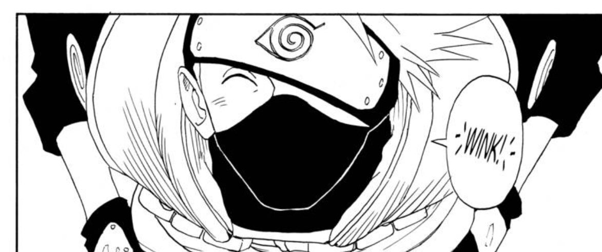 Not only are these two great Kakashi faces, I love the little torn-paper look to the panel on the left with the weird trapezoidal shape that then snaps into a standard rectangular frame. Again, use your medium to your advantage to underscore the text.  #Grantuto