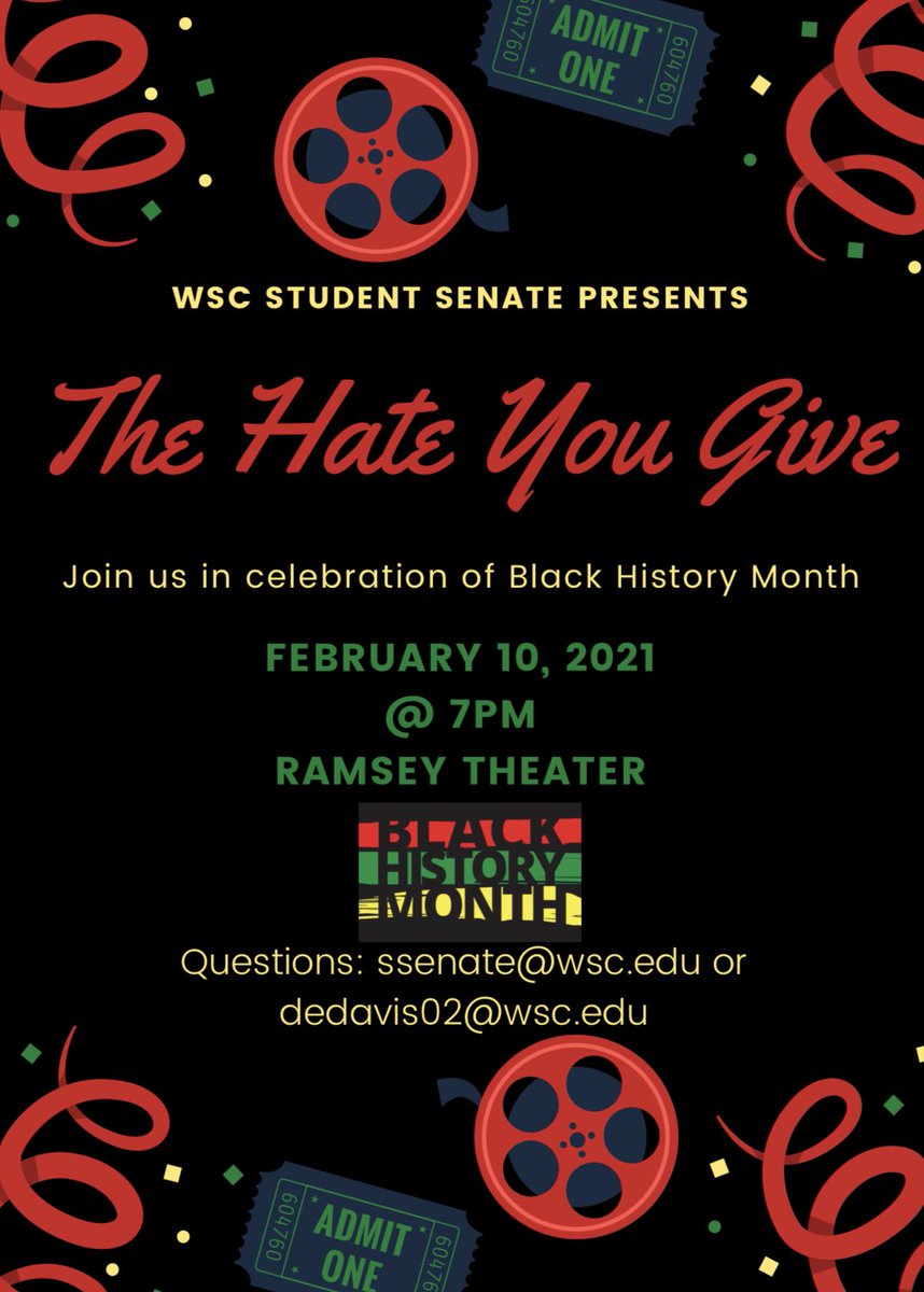 Join Student Senate’s Diversity & Inclusion Committee for a FREE showing of “The Hate U Give” on Wednesday, February 10th @ 7PM in Ramsey theater! https://t.co/pzOVYubfMS