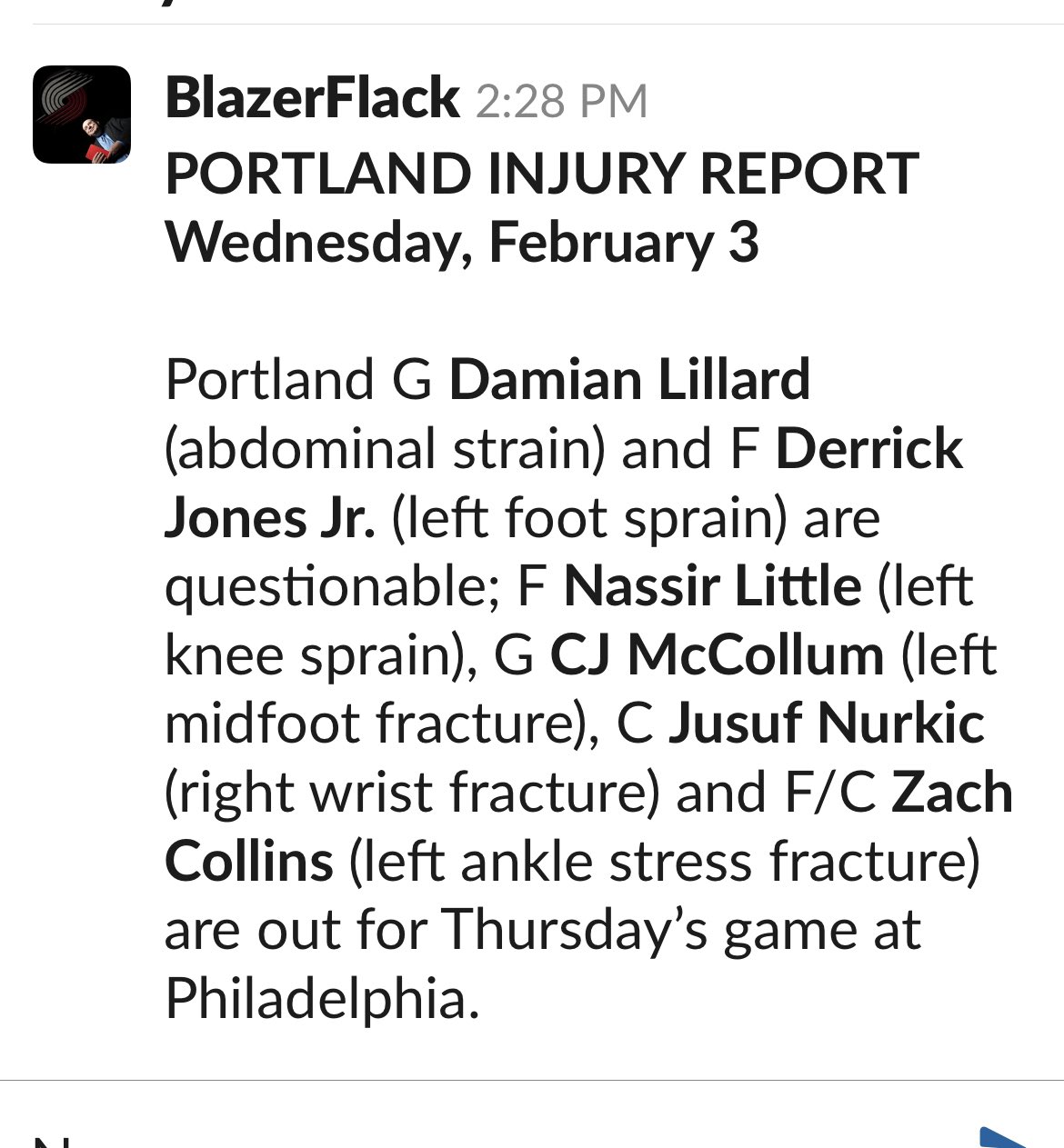 ron J Fentress The Hits Just Keep On Coming For The Portland Trail Blazers Damian Lillard Is Now Questionable For Philadelphia With An Abdominal Strain He Mentioned Following The Win