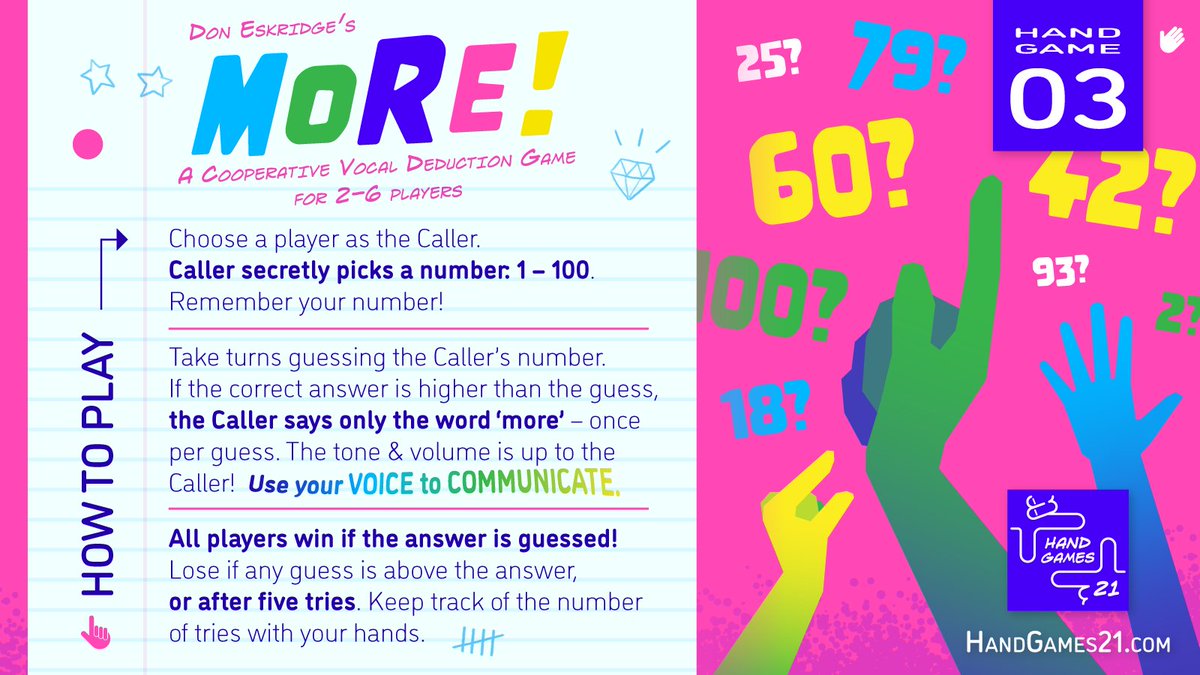 Game #3 from Hand Games 21: More!

Ever heard of a cooperative vocal deduction game? It's simple: just saaay it LIKE you MEAN it! It's honestly hilarious finding out how people convey the simple concept of 'more.' Try this out with a friend and watch here for more(!) #handgames!