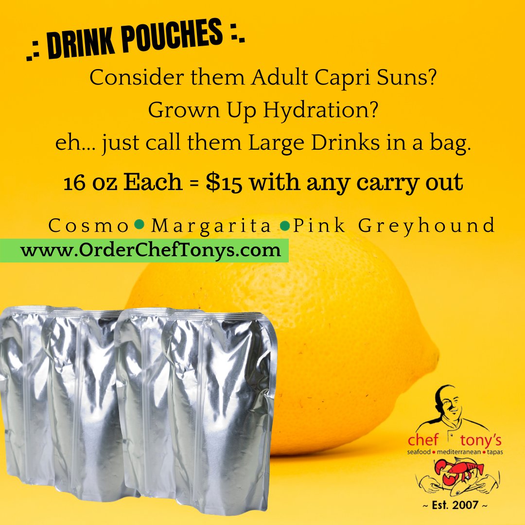 What are you waiting for?🥃🍺🍹

3 kinds to choose from:
1. COSMO POUCH(Vodka, Cranberry and Triple Sec), 2. GREYHOUND POUCH(Vodka &amp; Red Ruby Grapefruit Juice)
3. MARGARITA POUCH(Classic Margarita with fresh ingredients)

👉🏻OrderChefTonys.com

#cheftonysbethesda #pouches