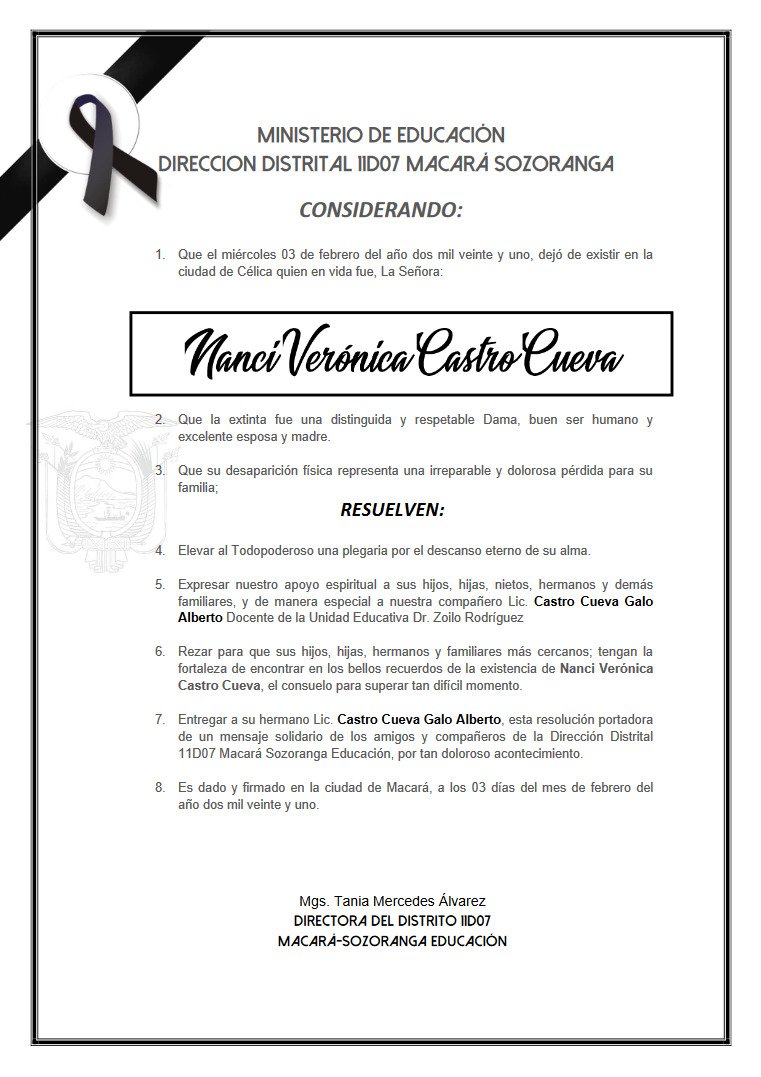 TaniaAlvarezSol's tweet photo. La Dirección Distrital 11D07 Macará Sozoranga expresa un profundo sentimiento de pesar a nuestro compañero Lic. Galo Alberto Castro Docente de la Unidad Educativa Dr. Zoilo Rodríguez, por el sensible fallecimiento de su hermana Lic. Nanci Verónica Castro Cueva https://t.co/kMZ7w38LRd