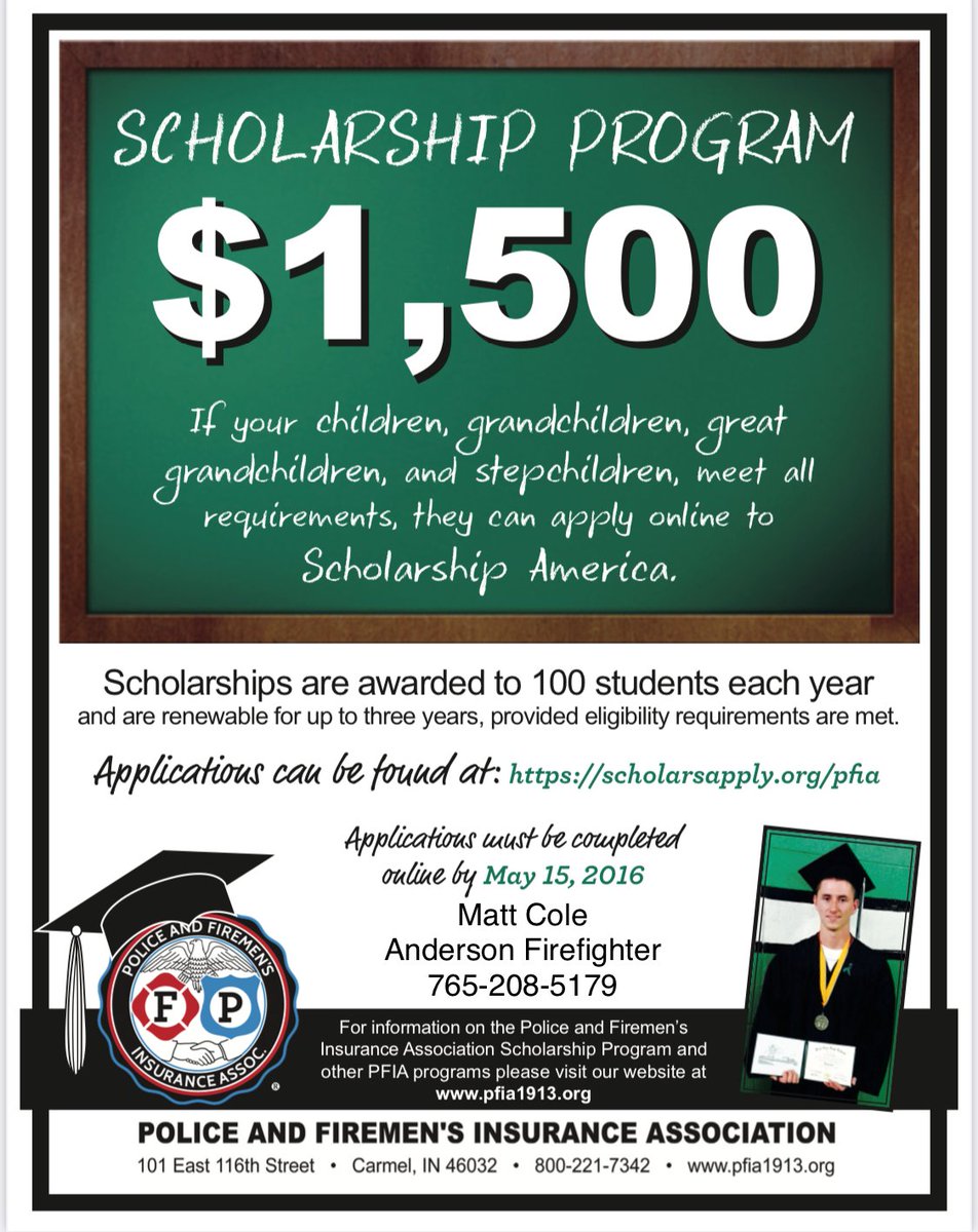 PFIAMattCole's tweet photo. Applications for this years scholarship will open on March 15.  For all of my Police and Fire Brothers and Sisters out there, if you are already a member of the PFIA, give me call soon to find out how to make your child, step child or grandchild eligible to apply. https://t.co/AxvGBAy3Tm