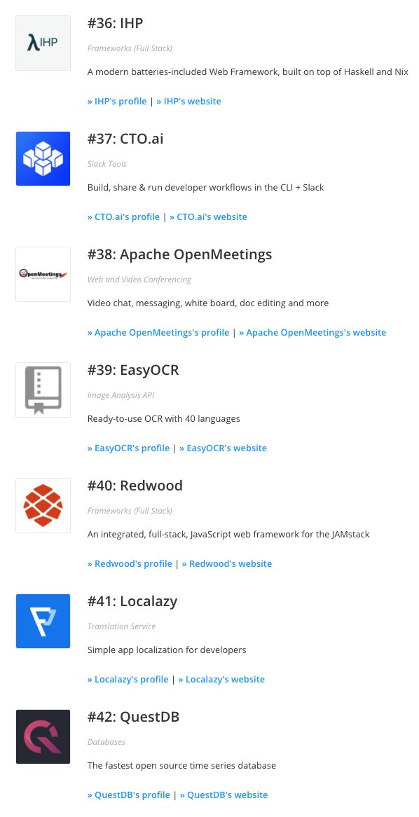 stackshareio's tweet image. New Tool of the Year, Runner-Up 🎉

- IHP (@digitallyinduce)
- @CTO_ai 
- @TheASF OpenMeetings
- EasyOCR (@JaidedAI)
- @redwoodjs 
- @localazy 
- @QuestDb 

👉🏾 buff.ly/36klYaa #StackShareAwards