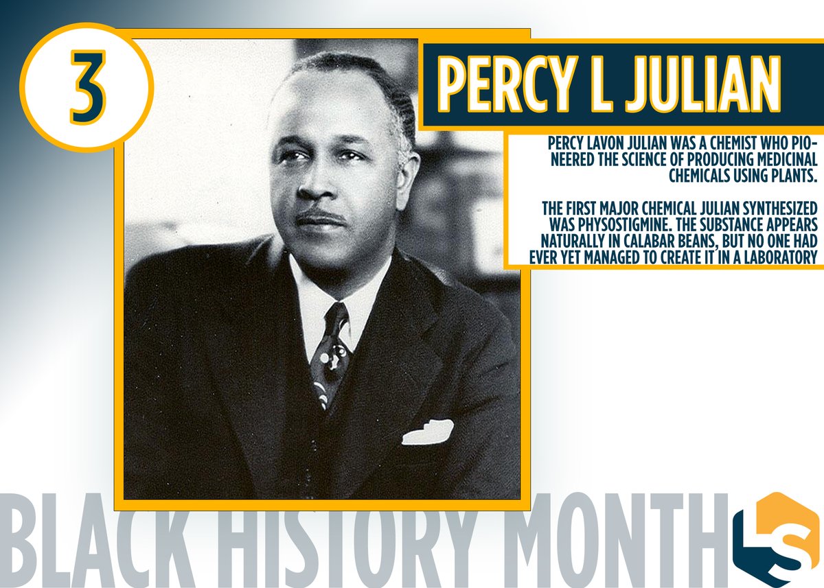 #3 Percy L Julian (1899-1975)ChemistDeveloped a number of patents, including for synthesizing the hormones progesterone & testosterone from soybean oil. He also developed a new, cheaper method for synthesizing the steroid cortisone  #BHM    #BlackHistoryMonth    #ScienceIsDiversity