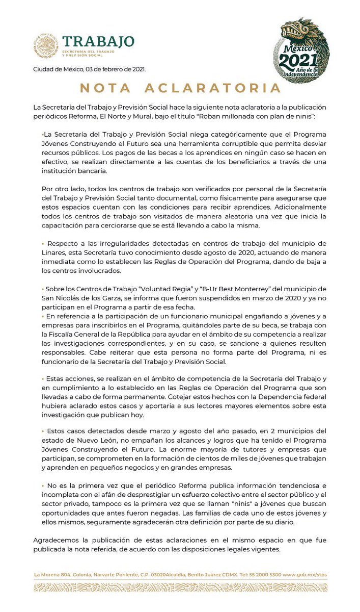 Bajo la consigna de que la calumnia cuando no mancha tizna, hoy el periódico Reforma publica en primera plana información engañosa sobre Jóvenes Construyendo el Futuro.

Publicamos nota aclaratoria. 👇