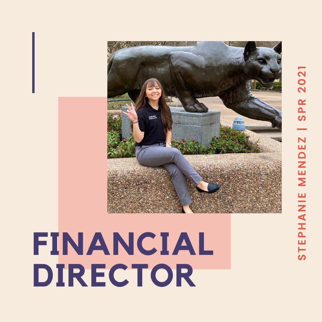 Hi! 🤩 I’m Stephanie Mendez. This SP’21 I will serve as your Financial Director. I’m a junior, Finance major with a Commercial Banking specialty track. I’m excited to continue growing our organization &amp;  to meet all of you! Fun fact: I eat everything with buffalo sauce! 😝