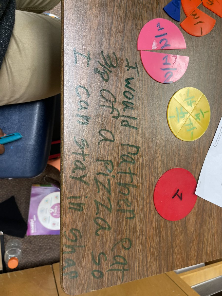CurleeKailey's tweet photo. Would you rather eat 5/8 of a pizza or 3/8 of a pizza? Very impressed by their justifications!! It’s finally time for my favorite topic: Fractions!!!! #DCEStrongerTogether https://t.co/BYdPfpCcj2