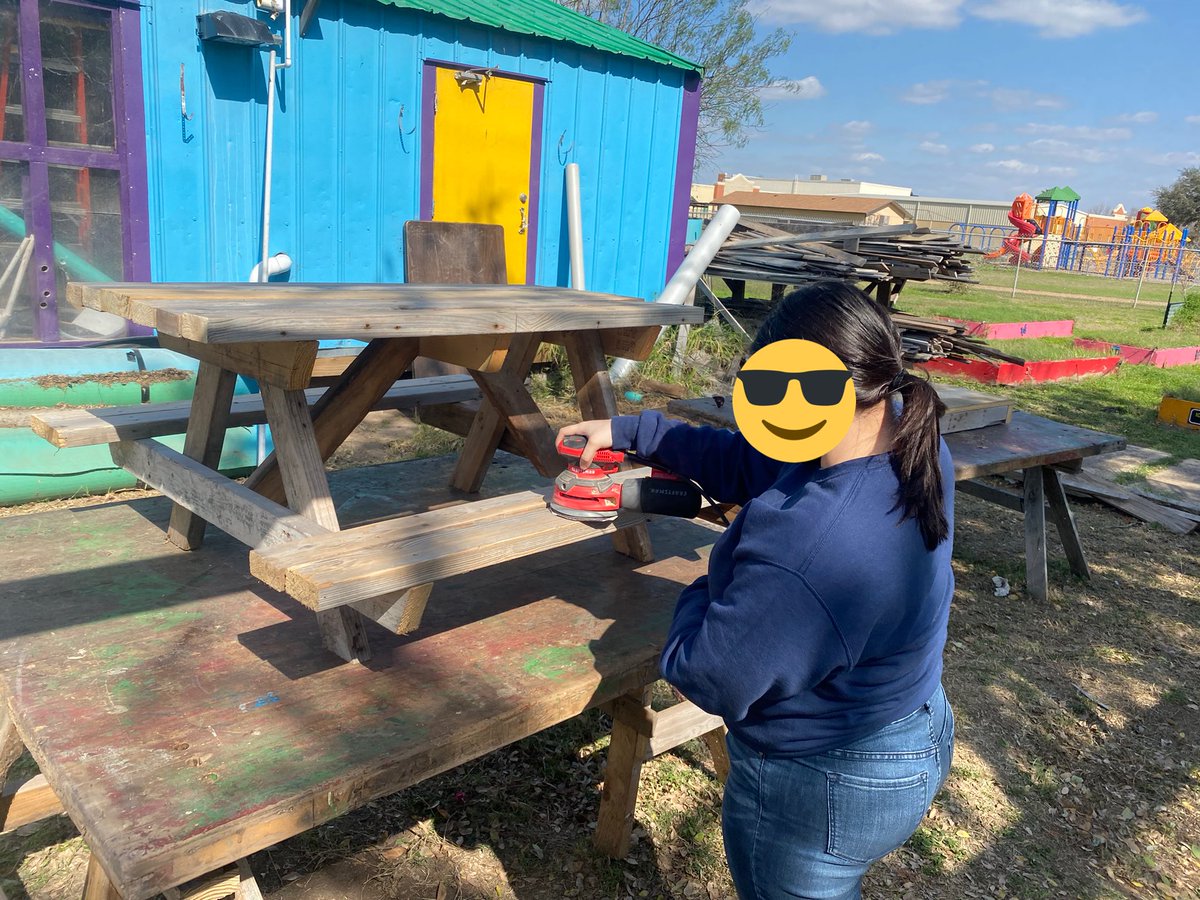 davidbarr777's tweet photo. Here is our latest project @igmcallen1 , we created a mini-picnic table from reclaim lumber. Here is one of students sanding the rough edges, getting  it ready for paint. @gutiexfer , @McAllenISD , @fcaranjo , https://t.co/emtpAe2Qn2
