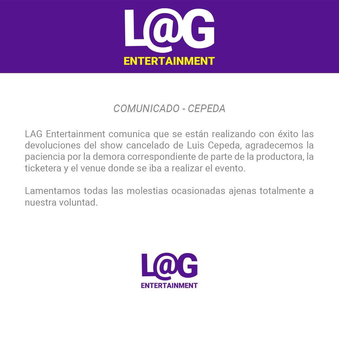 lagargentina's tweet photo. Comunicado sobre la devolución de tickets del concierto cancelado de Luis Cepeda previsto el 10/10/2020 en The Roxy Live (Buenos Aires). https://t.co/jsiyqvTb2X