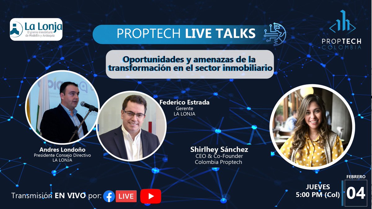 Colombia PropTech (@colproptech) on Twitter photo 👷🏼♀️ Volvimos a nuestros Proptech #livetalks con Federico Estrada y Andrés Londoño de @LonjadeMedellin hablando de Oportunidades y amenazas de la transformación en sector inmobiliario, host nuestra CEO <a href="/shirlheysanchez/">Shirlhey Sanchez</a>. 5pm en #facebook y #youtube Colombia Proptech Oficial. 👷🏼♀️ Volvimos a nuestros Proptech #livetalks con Federico Estrada y Andrés Londoño de @LonjadeMedellin hablando de Oportunidades y amenazas de la transformación en sector inmobiliario, host nuestra CEO <a href="/shirlheysanchez/">Shirlhey Sanchez</a>. 5pm en #facebook y #youtube Colombia Proptech Oficial.