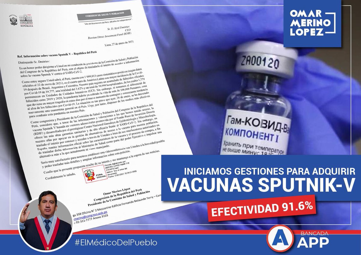 OmarMerinoAPP's tweet photo. Desde la Comisión de Salud, iniciamos gestiones para adquirir las vacunas Sputnik - V, las cuales hoy sabemos que tienen una eficacia superior al 91.6% y ha sido homologada por 15 países. Sigamos trabajando unidos. ¡Juntos saldremos adelante! https://t.co/nk22FRjnS4