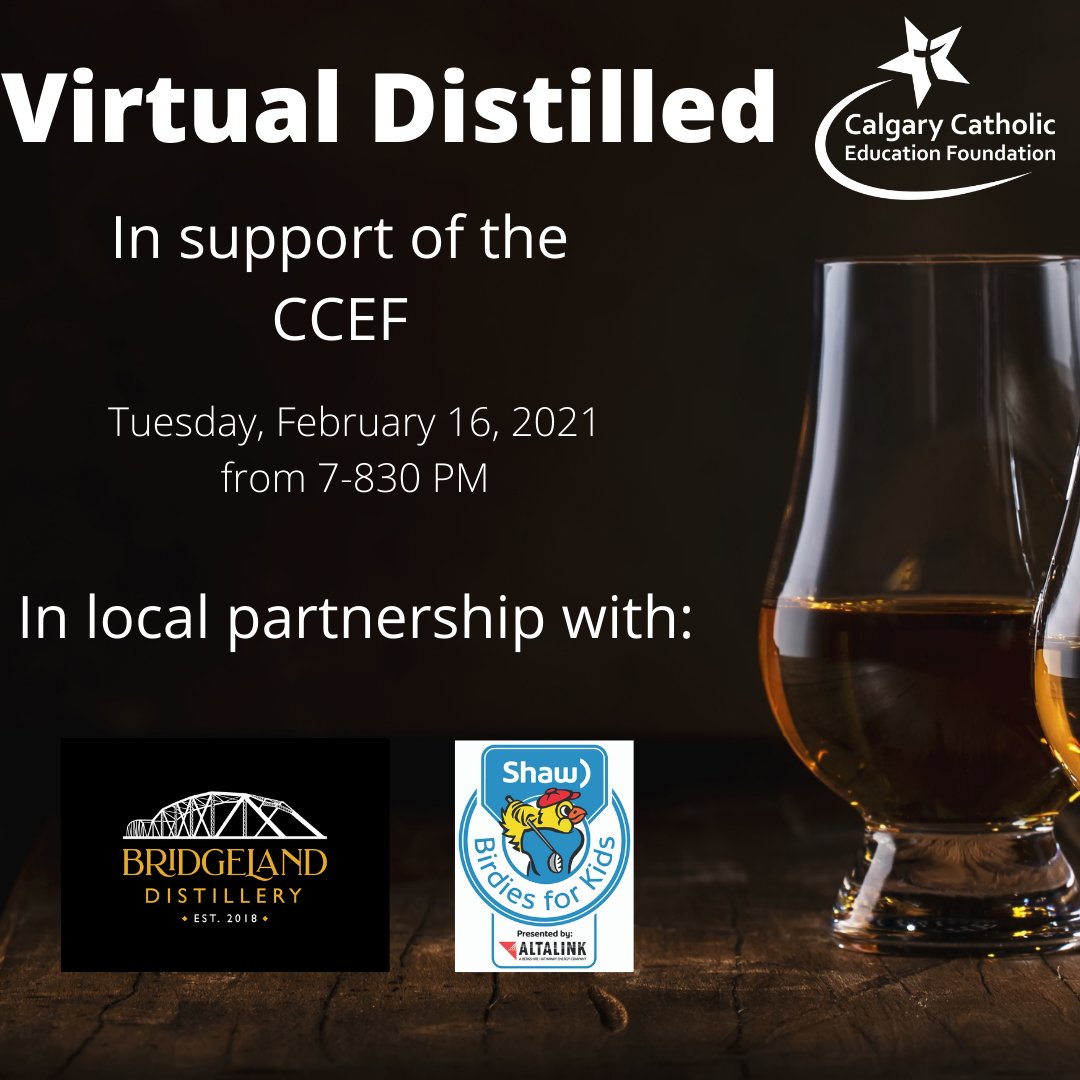 CCEF_YYC's tweet photo. Join us on February 16 for a virtual spirit tasting with our partners at #BridgelandDistillery.  Tickets are limited &amp; available https://t.co/aJNOL6kk1P your $25 donation to the CCEF will be matched up to 50% by @ShawInfo #Birdies4Kids presented by @AltaLink @CSSD @calgarydiocese https://t.co/QE7w0apQhu