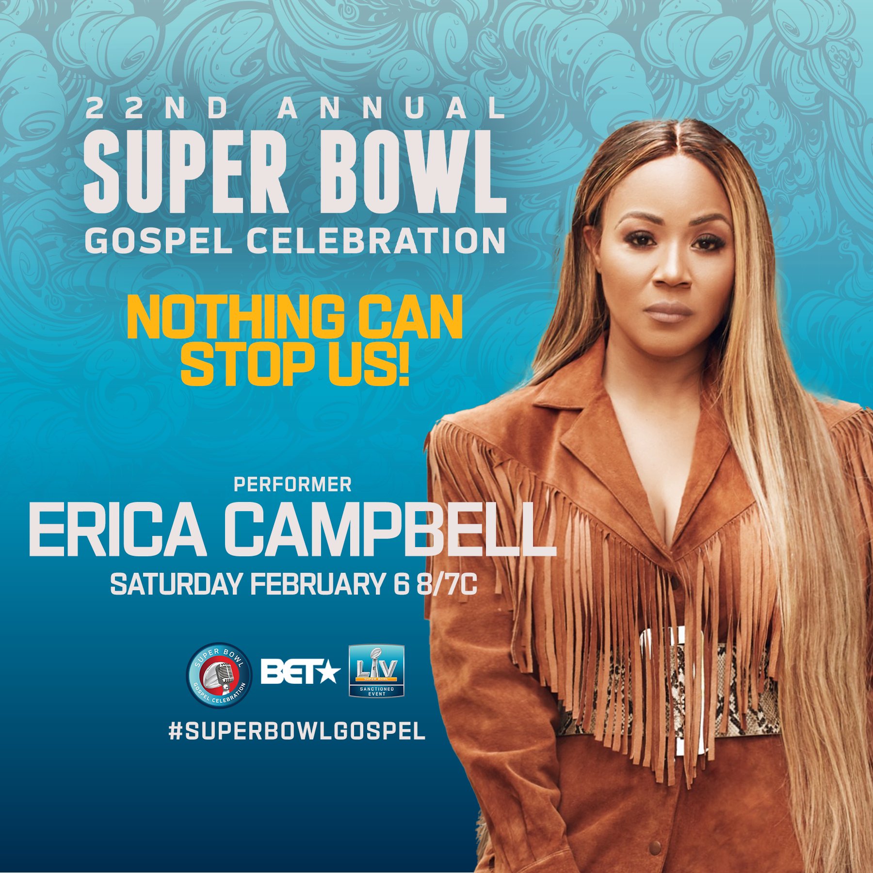 Erica Campbell on Twitter: 'I'm so excited to be a part of the 22nd Annual  NFL Sanctioned #SuperBowlGospel Celebration. Tune in to BET this Saturday,  February 6 at 8 pm EST! #EricaCampbell #