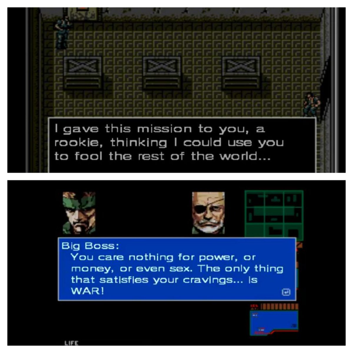 Metal Gear 1/2 and Metal Gear Solid 3 follow the story of a young and optimistic Solid/Naked Snake dealing with a Boss that defects from their country and their unit. At the end of each game, the Snakes leave their unit for different reasons.