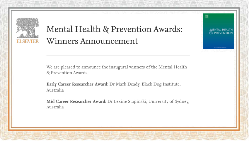 PREMISE (@premise_cre) on Twitter photo Congratulations to:
πΉ <a href="/lex_stapinski/">Lexine Stapinski</a> <a href="/TheMatilda_USyd/">The Matilda Centre</a> <a href="/syd_health/">Sydney Health</a>
πΉ @DrMarkDeady <a href="/blackdoginst/">Black Dog Institute</a>
... for being recognised for your distinguished service as a Researcher in Mental Health and Prevention. <a href="/ElsevierConnect/">Elsevier</a> @els_psychiatry
Learn more π journals.elsevier.com/mental-health-β¦ Congratulations to:
πΉ <a href="/lex_stapinski/">Lexine Stapinski</a> <a href="/TheMatilda_USyd/">The Matilda Centre</a> <a href="/syd_health/">Sydney Health</a>
πΉ @DrMarkDeady <a href="/blackdoginst/">Black Dog Institute</a>
... for being recognised for your distinguished service as a Researcher in Mental Health and Prevention. <a href="/ElsevierConnect/">Elsevier</a> @els_psychiatry
Learn more π journals.elsevier.com/mental-health-β¦