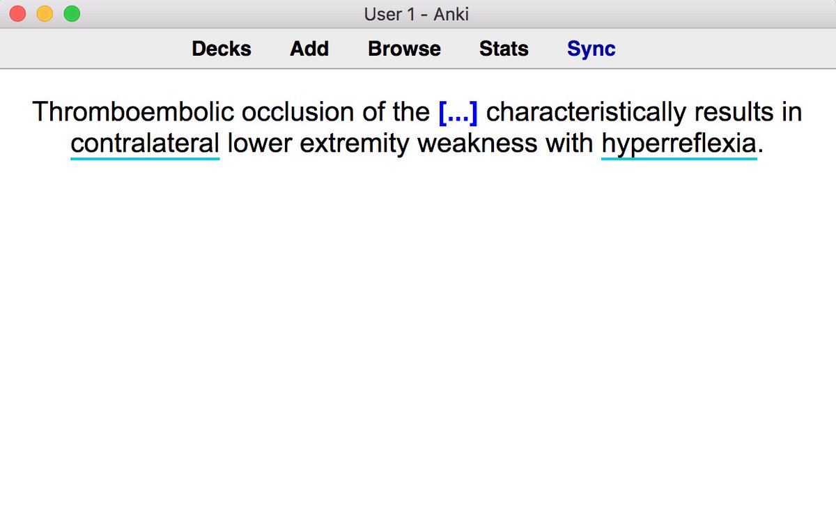 There are different types of Anki notecards that can be made. My favorite kind is a Cloze deletion, which refers to the blue area. I hit space and the answer reveals itself.Can you guess what I'd do next? Answer: Choose one of the bottom toolbar options