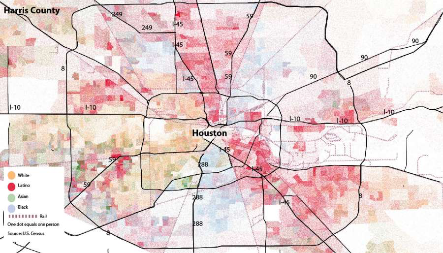 Of course, the racial wealth gap shows up. The arrow shows where white folks live in Houston and tells the story of the westward white flight within city limits.
