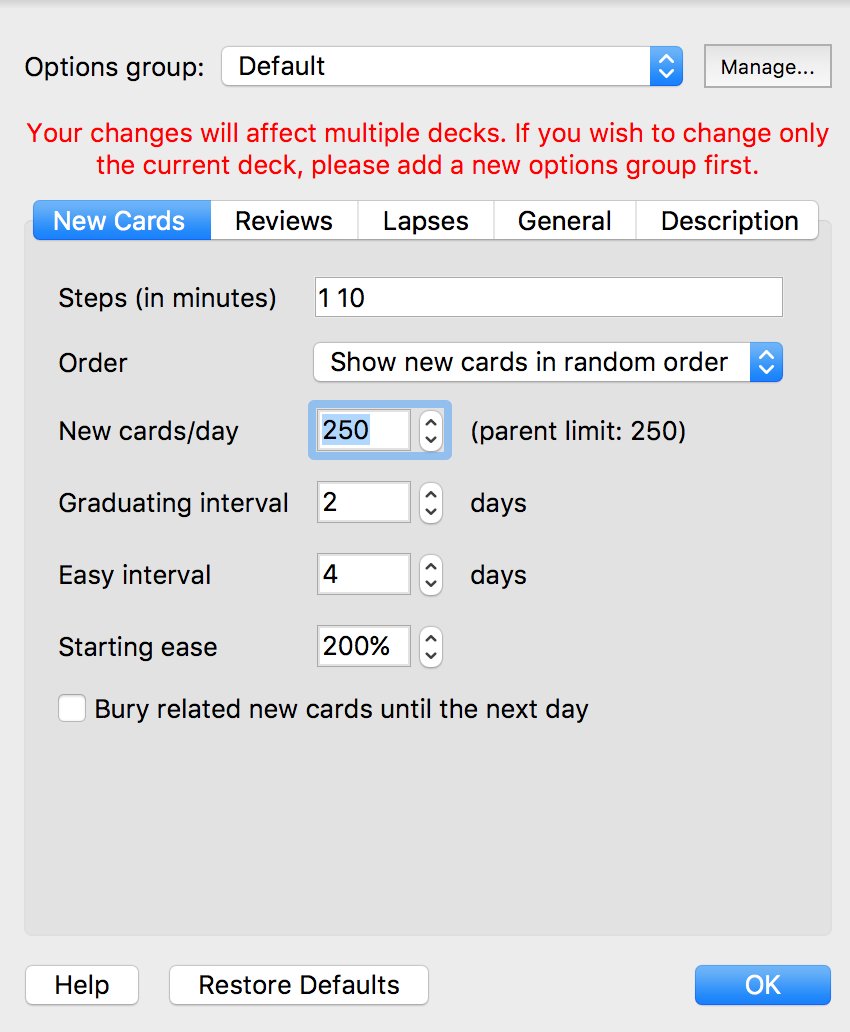 Let's hit on some more nuts and bolts before we get to the interesting stuff.I can tell Anki how many new and review notecards I want to do per day. Anecdotally, the amount of cards I can handle per day has gone up significantly since I started using Anki.