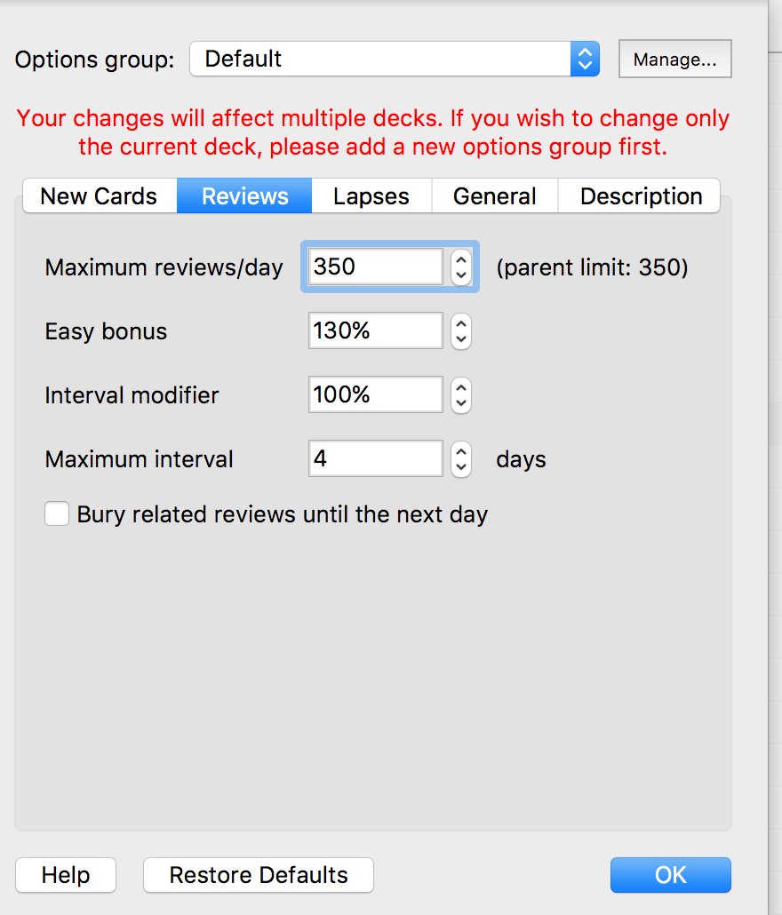 Let's hit on some more nuts and bolts before we get to the interesting stuff.I can tell Anki how many new and review notecards I want to do per day. Anecdotally, the amount of cards I can handle per day has gone up significantly since I started using Anki.