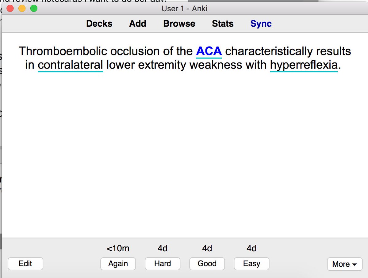 There are different types of Anki notecards that can be made. My favorite kind is a Cloze deletion, which refers to the blue area. I hit space and the answer reveals itself.Can you guess what I'd do next? Answer: Choose one of the bottom toolbar options