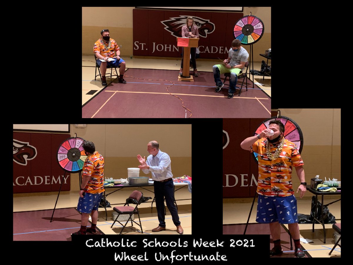 SJAcademy1890's tweet photo. The teachers and staff played #WheelUnfortunate today. Each round 2 people were given Biblical ?s. Whoever got the answer wrong, spun the Wheel of Misfortune. #MrGange #MrHendrickson #NastyLookingBeverage #SmellsBadToo https://t.co/tunTBcq9LT