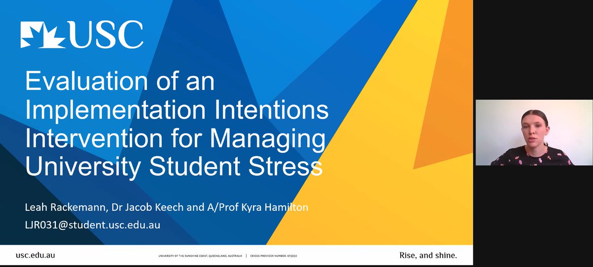 Jacob Keech (@jacobjkeech) on Twitter photo Excellent first time conference presentation at #ASBHM2021 by my honours student Leah Rackemann this morning! - Evaluation of an implementation intentions intervention for managing university student stress
<a href="/usceduau/">UniSC: University of the Sunshine Coast</a> Excellent first time conference presentation at #ASBHM2021 by my honours student Leah Rackemann this morning! - Evaluation of an implementation intentions intervention for managing university student stress
<a href="/usceduau/">UniSC: University of the Sunshine Coast</a>