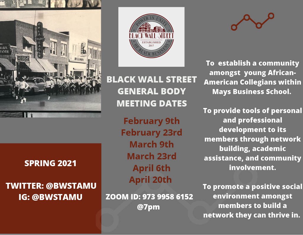 Howdy! BWS would like to invite you all to our General Body Meetings! 
Our first one will be next Tuesday at 7pm. The zoom ID will be used for all of our meetings this semester. Don’t miss out on all that we have planned this year! See y’all soon.