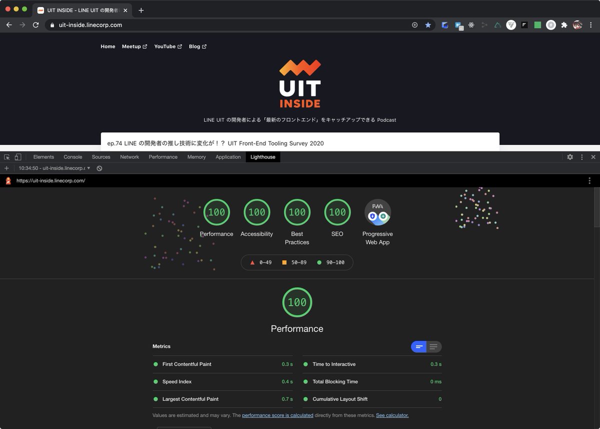 potato4d's tweet image. #UIT_INSIDE の tailwind、2年前の tailwindcss@0.7.4 から一気に 2.x に無事上がった。
ついでに久々に Lighthouse 回してみたけど、全部 100 点で PWA にもなってる謎の Podcast メディアになっててかなり面白い
uit-inside.linecorp.com