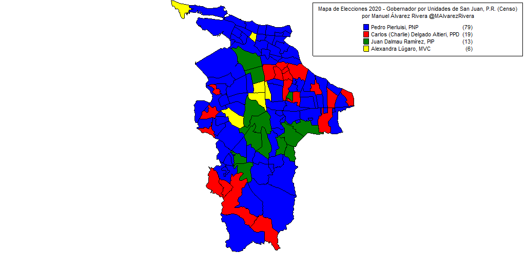 A continuación se presentan los mapas de unidades a partir de los datos del Negociado del Censo en 2010, pero actualizados a 2020 para contiendas selectas en las elecciones del pasado 3 de noviembre en el municipio de San Juan, comenzando con la gobernación: 3/