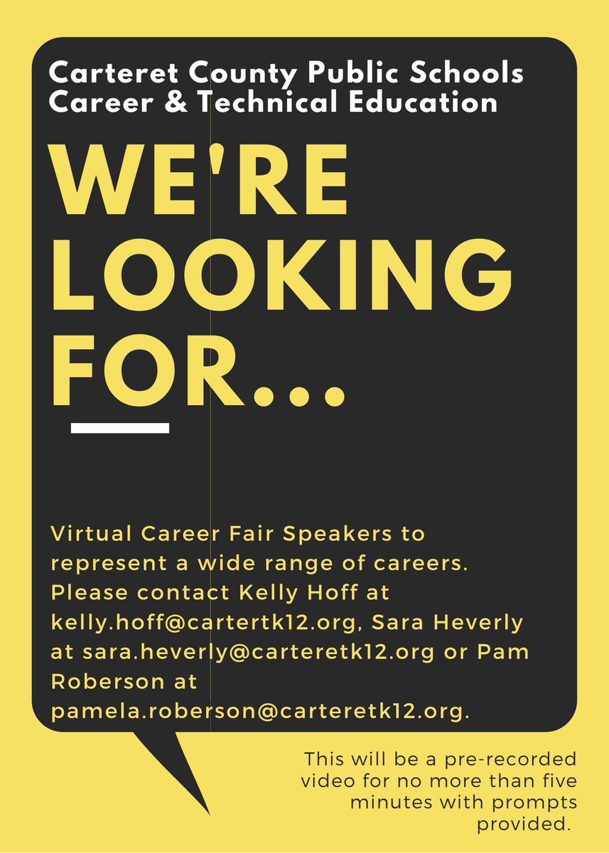 Any takers?? We are in the process of creating a virtual career fair for all CCPS students in grades 5-12! Prompts include an introduction, how did you get there, what does it take to be successful, the good/bad/ugly, recommendations!!! Come on, you know you want to!